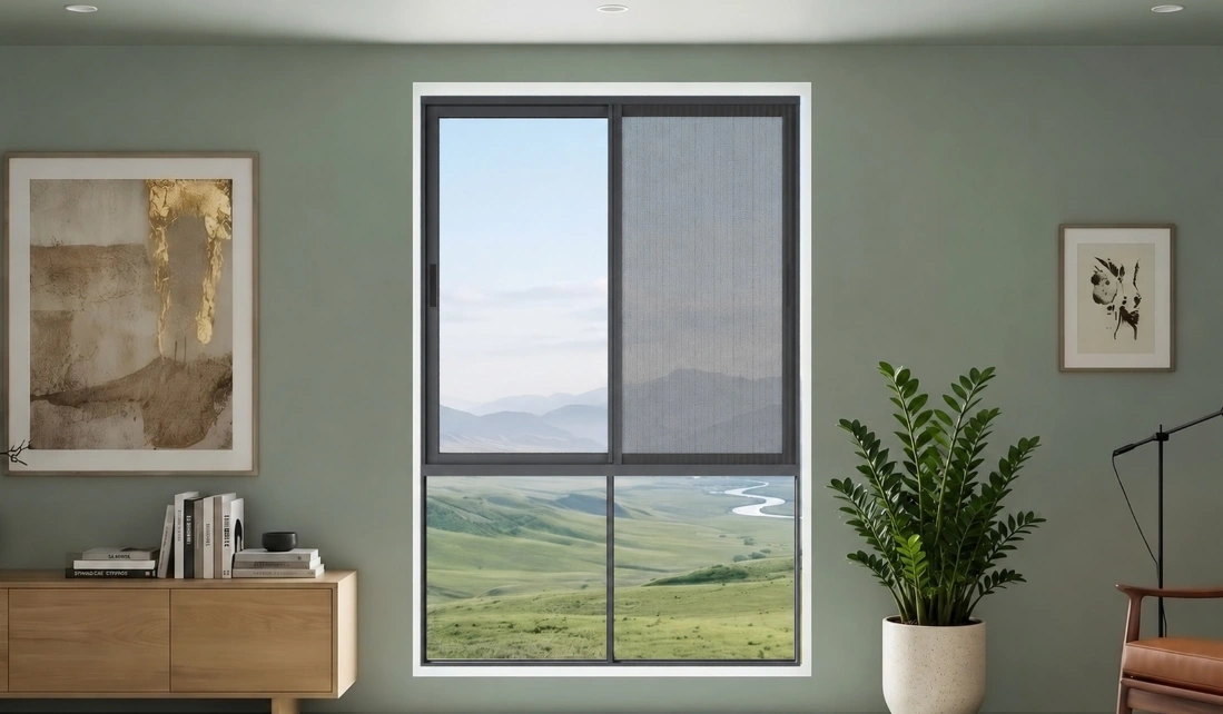 Bottom-fixed window with a fixed lower pane and attached pleated mesh