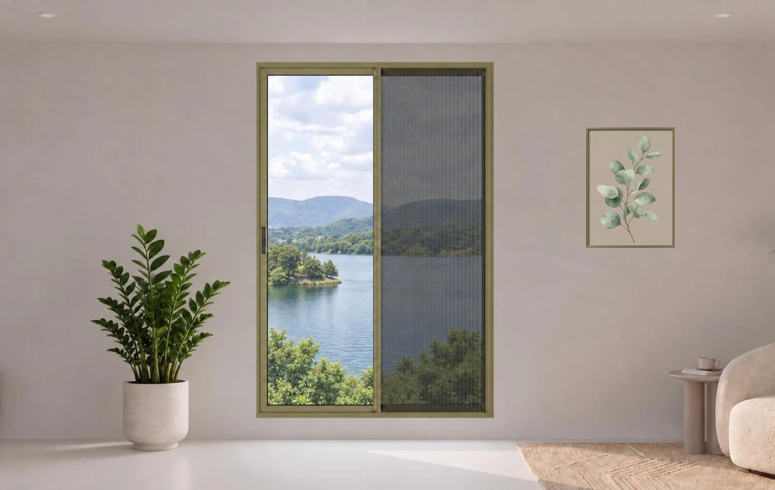 Pleated mesh window with countryside views
