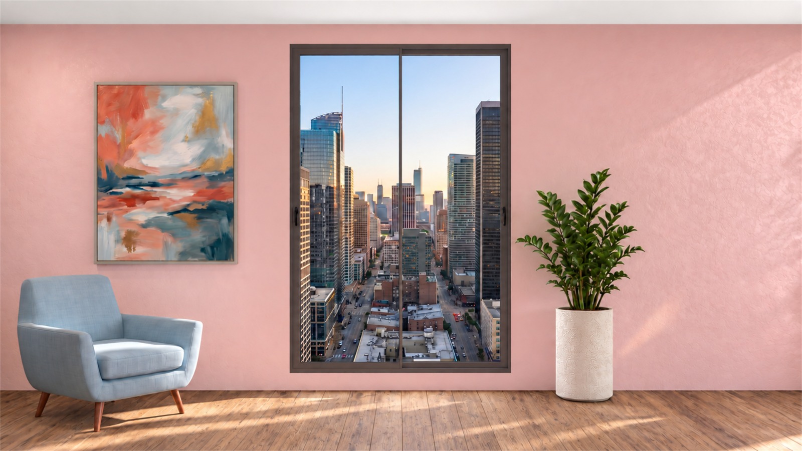 Aluminium window overlooking the city from a sunlit room.