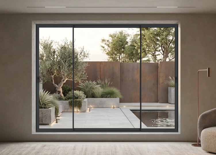 Three-shutter window overlooking a landscaped courtyard.